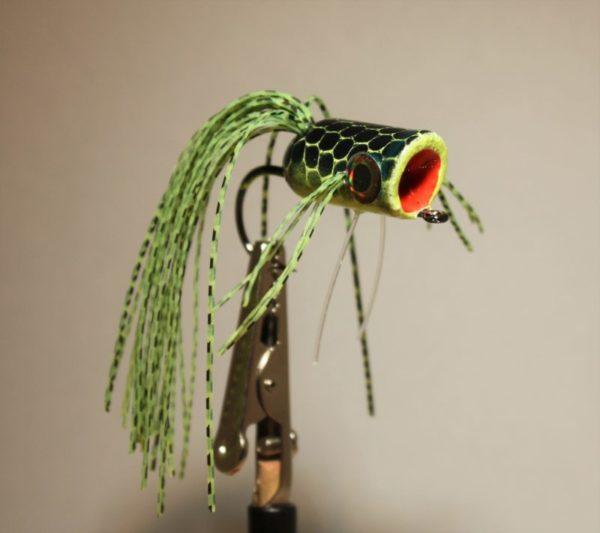 Pultz Bass Popper #1 Chartreuse over Black with weed guard to image #2686.