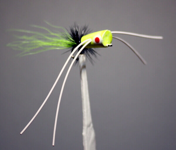 Willow Bug with a chartreuse body, black hackle, chartreuse tail and white rubber legs