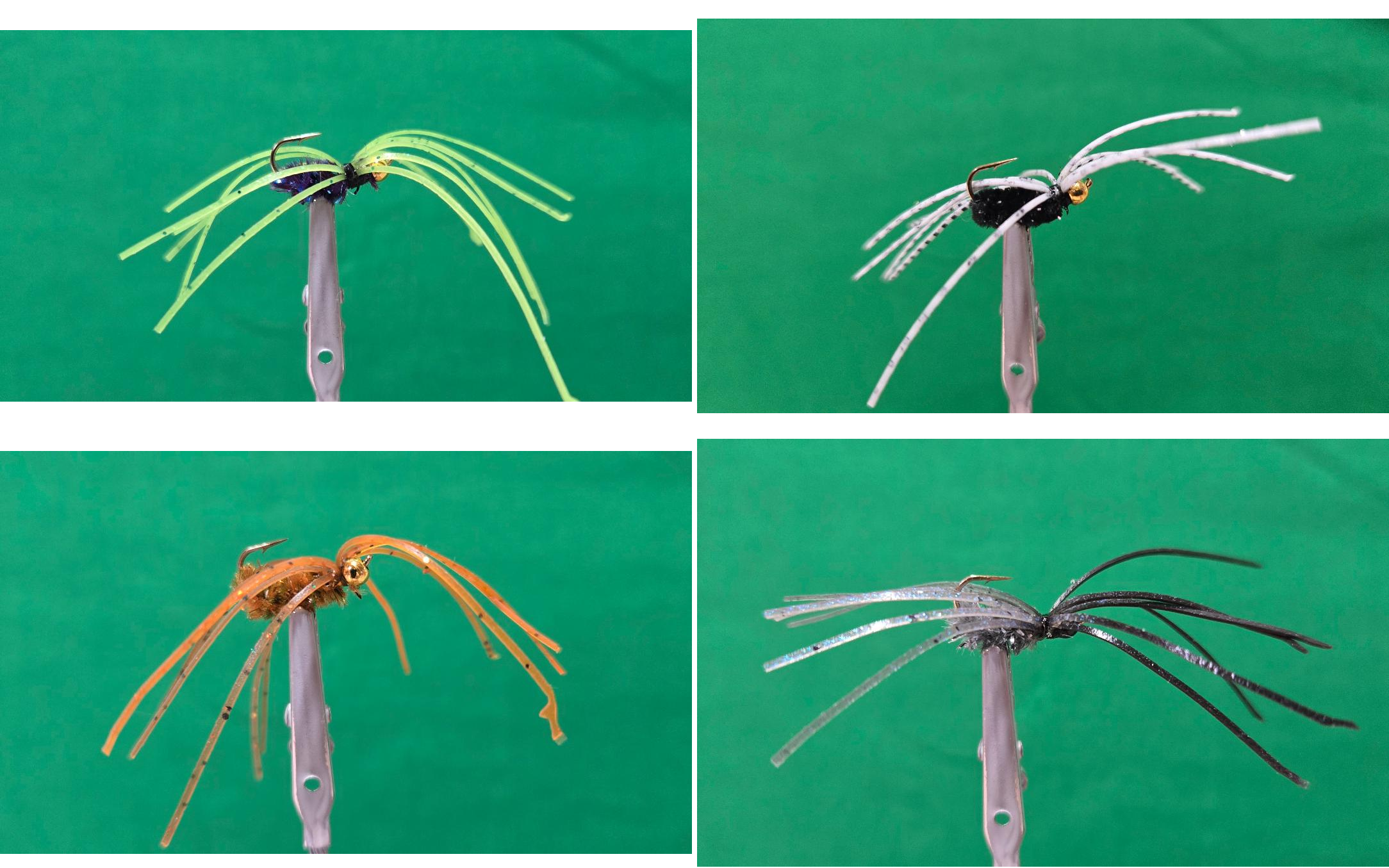 Four Woods Fuzzy Jigs: chartreuse legs, black with spider legs, brown, and grey